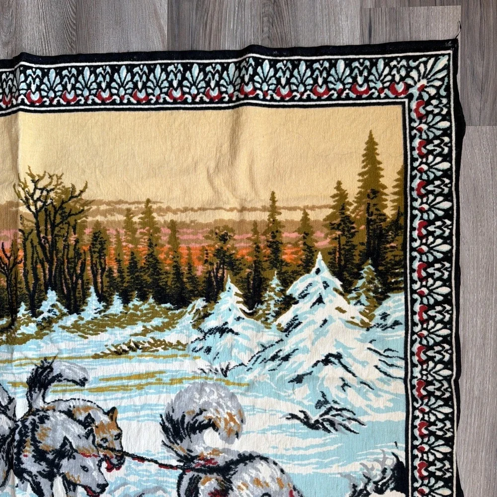 Vintage Mushing SLED DOGS Tapestry Rug Wall Hanger Made In ITALY 54